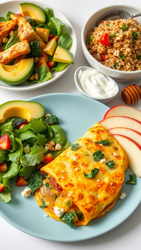 Healthy and vibrant meal of spinach omelette, grilled chicken salad, quinoa stir-fry, and snacks of yogurt with honey and apple slices with almond butter.